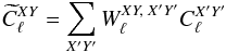 \begin{equation} \pC^{XY}_{\ell} = \sum_{X'Y'} W^{XY,\; X'Y'}_\ell C^{X'Y'}_{\ell} \label{eq:beam_matrix} \end{equation}