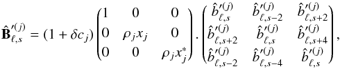 \begin{equation} \hat{\matB}'^{(j)}_{\ell,s} = (1 + \delta c_j) \matrixthree {1}{0}{0} {0}{\cpem{j}x_j}{0} {0}{0}{\cpem{j}x_j^*} . \matrixthree {\hatb'^{(j)}_{\ell,s }} {\hatb'^{(j)}_{\ell,s-2}} {\hatb'^{(j)}_{\ell,s+2}} {\hatb'^{(j)}_{\ell,s+2}} {\hatb'^{(j)}_{\ell,s }} {\hatb'^{(j)}_{\ell,s+4}} {\hatb'^{(j)}_{\ell,s-2}} {\hatb'^{(j)}_{\ell,s-4}} {\hatb'^{(j)}_{\ell,s }}, \label{eq:beam_matrix_error} \end{equation}