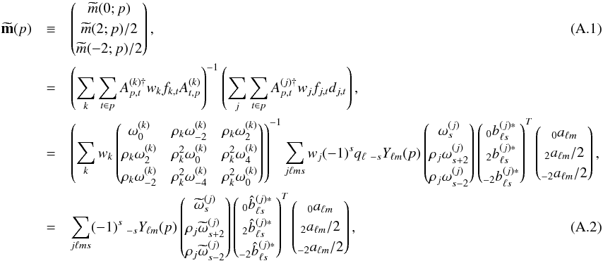\appendix \setcounter{section}{1} \begin{eqnarray} \tvm(p) &\equiv& \vectorthree{\tm(0;p)}{\tm(2;p)/2}{\tm(-2;p)/2}, \\ & =& \left(\sum_k \sum_{t\in p} A^{(k)\dagger}_{p,t} w_k f_{k,t} A^{(k)}_{t,p} \right)^{-1} \left(\sum_j \sum_{t\in p} A^{(j)\dagger}_{p,t} w_j f_{j,t} d_{j,t} \right),\nonumber\\ &= &\left( \sum_k w_k \matrixthree{ \omega_{0}^{(k)}} {\cpem{k} {\omega_{-2}^{(k)}}} {\cpem{k} {\omega_{ 2}^{(k)}}} {\cpem{k} {\omega_{ 2}^{(k)}}} {\cpem{k}^2{\omega_{ 0}^{(k)}}} {\cpem{k}^2{\omega_{ 4}^{(k)}}} {\cpem{k} {\omega_{-2}^{(k)}}} {\cpem{k}^2{\omega_{-4}^{(k)}}} {\cpem{k}^2{\omega_{ 0}^{(k)}}} \right)^{-1} \sum_{j\ell ms} w_j (-1)^s q_{\ell}\ _{-s}Y_{\ell m}(p) \vectorthree { \omega_{s}^{(j)}} {\cpem{j}\omega_{s+2}^{(j)}} {\cpem{j}\omega_{s-2}^{(j)}} \vectorthree {_0 b^{(j)*}_{\ell s}} {_2 b^{(j)*}_{\ell s}} {_{-2} b^{(j)*}_{\ell s}}^T \vectorthree {_0 a_{\ell m}} {_2 a_{\ell m}/2} {_{-2} a_{\ell m}/2}, \nonumber \\ &=& \sum_{j\ell ms} (-1)^s \ _{-s}Y_{\ell m}(p) \vectorthree { \tomega_{s}^{(j)}} {\cpem{j}\tomega_{s+2}^{(j)}} {\cpem{j}\tomega_{s-2}^{(j)}} \vectorthree {_0 \hatb^{(j)*}_{\ell s}} {_2 \hatb^{(j)*}_{\ell s}} {_{-2} \hatb^{(j)*}_{\ell s}}^T \vectorthree {_0 a_{\ell m}} {_2 a_{\ell m}/2} {_{-2} a_{\ell m}/2}, \end{eqnarray}