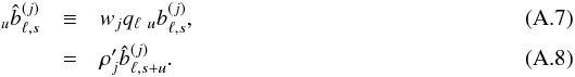 \appendix \setcounter{section}{1} \begin{eqnarray} \ _{u}\hatb_{\ell,s}^{(j)} &\equiv& w_j q_{\ell}\ _{u}b_{\ell,s}^{(j)} \label{eq:def_hatb} ,\\ &=& \cpei{j}\hatb_{\ell,s+u}^{(j)}. \end{eqnarray}