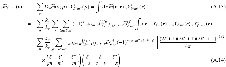 \appendix \setcounter{section}{1} \begin{eqnarray} \ _x \tm_{\ell''m''}(v) &\equiv& \sum_p \Omega_p \tm(v;p)\ _{x}Y^*_{\ell''m''}(p) = \int \dd\vecr\ \tm(v;\vecr)\ _{x}Y^*_{\ell''m''}(\vecr) \\ &=& \sum_u \frac{k_{u}}{k_{v}} \sum_j \sum_{\ell ms \ell'm'} (-1)^s \ _u a_{\ell m} \ _u \hatb^{(j)*}_{\ell s}\, \cpem{j,v} \ _{s+v}\tomega^{(j)}_{\ell'm'} \int \dd \vecr \ _{-s}Y_{\ell m}(\vecr) \ _{s+v} Y_{\ell'm'}(\vecr) \ _x Y^*_{\ell''m''}(\vecr) \nonumber \\ &=& \sum_u \frac{k_{u}}{k_{v}} \sum_{j \ell m s \ell' m'} \ _u a_{\ell m} \ _u \hatb^{(j)*}_{\ell s}\, \cpem{j,v} \ _{s+v}\tomega^{(j)}_{\ell'm'} (-1)^{s+x+m''+\ell+\ell'+\ell''} \left[\frac{(2\ell+1)(2\ell'+1)(2\ell''+1)}{4\pi}\right]^{1/2} \nonumber\\ &&\quad\times \wjjj{\ell}{\ell'}{\ell''}{m}{m'}{-m''} \wjjj{\ell}{\ell'}{\ell''}{-s}{s+v}{-x} \label{eq:map_SH} \end{eqnarray}