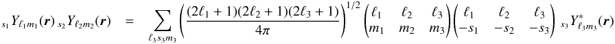 \appendix \setcounter{section}{3} \begin{eqnarray} _{s_1}Y_{\ell_1 m_1}(\vecr)\, _{s_2}Y_{\ell_2 m_2}(\vecr) & = &\sum_{\ell_3 s_3 m_3} \left(\frac{(2\ell_1+1)(2\ell_2+1)(2\ell_3+1)}{4\pi}\right)^{1/2} \wjjj{\ell_1}{\ell_2}{\ell_3}{m_1 }{m_2 }{m_3} \wjjj{\ell_1}{\ell_2}{\ell_3}{-s_1 }{-s_2 }{-s_3}\, _{s_3}Y^*_{\ell_3 m_3}(\vecr) \label{eq:Ylm_product} \end{eqnarray}
