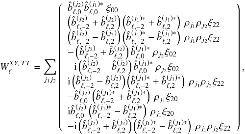 \appendix \setcounter{section}{5} % subequation 4894 0 \begin{eqnarray} W_{\ell}^{XY,\; TT} = \sum_{j_1j_2} \left( \begin{array}{l} \hatb_{\ell,0}^{(j_2)} \hatb_{\ell,0}^{(j_1)*} {\ \myxi_{00}} \\ \left( \hatb_{\ell,-2}^{(j_2)}+\hatb_{\ell,2}^{(j_2)} \right) \left(\hatb_{\ell,-2}^{(j_1)*}+\hatb_{\ell,2}^{(j_1)*}\right) {\ \cpem{j_1}\cpem{j_2}\myxi_{22}} \\ \left( \hatb_{\ell,-2}^{(j_2)}-\hatb_{\ell,2}^{(j_2)} \right) \left(\hatb_{\ell,-2}^{(j_1)*}-\hatb_{\ell,2}^{(j_1)*}\right) {\ \cpem{j_1}\cpem{j_2}\myxi_{22}} \\ -\left( \hatb_{\ell,-2}^{(j_2)}+\hatb_{\ell,2}^{(j_2)} \right) \hatb_{\ell,0}^{(j_1)*} {\ \cpem{j_2}\myxi_{02}} \\ \end{array} \right),~~~~~~~~~~~~~~~~~~~ \label{eq:wl_xyTT_is} \end{eqnarray}