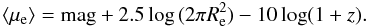 $$ \langle\mu_{\rm e}\rangle = {\rm mag} + 2.5 \log\,(2\pi R_{\rm e}^2) - 10\log(1+z).$$