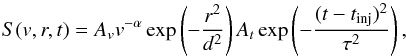 \begin{equation} \label{eqn:source} S(v,r,t) = A_v v^{-\alpha}\exp\left(-\frac{r^2}{d^2}\right)A_t\exp\left(-\frac{(t-t_{\rm inj})^2}{\tau^2}\right), \end{equation}