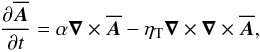 \begin{equation} \frac{\partial\meanAA}{\partial t}=\alpha\nab\times\meanAA -\etaT\nab\times\nab\times\meanAA, \label{induct} \end{equation}