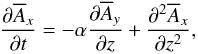 \begin{equation} \frac{\partial\meanA_x}{\partial t}=-\alpha\frac{\partial\meanA_y}{\partial z} +\frac{\partial^2\meanA_x}{\partial z^2}, \label{eq1} \end{equation}