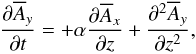 \begin{equation} \frac{\partial\meanA_y}{\partial t}=+\alpha\frac{\partial\meanA_x}{\partial z} +\frac{\partial^2\meanA_y}{\partial z^2}, \label{eq2} \end{equation}