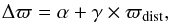 \begin{equation} \label{eq:corr}\displaystyle \Delta\varpi = \alpha + \gamma \times \varpi_{\rm dist} , \end{equation}