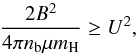 \appendix \setcounter{section}{1} \begin{equation} \frac{2B^2}{4\pi n_{\rm b} \mu m_{\rm H}} \geq U^2 \label{eq:mhd_kh1} , \end{equation}