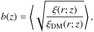 \begin{equation} b(z) = \left\langle \sqrt{\frac{\xi(r;z)}{\xi_{\rm DM}(r;z)}} \right\rangle, \label{eq:bias} \end{equation}