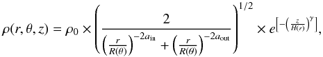\appendix \setcounter{section}{2} \begin{equation} \rho(r,\theta,z) = \rho_0 \times \left( \frac{2}{\left( \frac{r}{R(\theta)} \right)^{-2a_{\rm in}} + \left( \frac{r}{R(\theta)} \right)^{-2a_{\rm out}} }\right)^{1/2} \times e^{\left[-\left( \frac{z}{H(r) }\right)^\gamma \right]} ,\label{eq_dust_density} \end{equation}