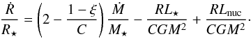 \appendix \setcounter{section}{3} \begin{equation} \frac{\dot{R}}{R_\star} = \left( 2-\frac{1-\xi}{C}\right) \frac{\dot{M}}{M_\star} -\frac{RL_\star}{CGM^2}+\frac{RL\sub{nuc}}{CGM^2}\cdot \label{eq:KHMacc} \end{equation}