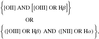 \begin{eqnarray} \label{eq:selcrit} &&\Bigg\{ [{\rm OII}]~ \mathrm{ AND}~ \Big[[{\rm OIII}] ~ {\rm OR}~ {\rm H}\beta\Big]\Bigg\} \nonumber \\ &&\hspace*{1.5cm} {\rm OR} \\ &&\Bigg\{\left([{\rm OIII}]~ {\rm OR}~ {\rm H}\beta\right)~ \mathrm{ AND}~ \left([{\rm NII}]~ {\rm OR}~ {\rm H}\alpha\right)\Bigg\}, \nonumber \end{eqnarray}