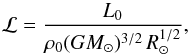 \begin{equation} \mathcal{L} = \frac{L_0}{\rho_0 (GM_\odot)^{3/2} \,R_\odot^{1/2}}, \end{equation}