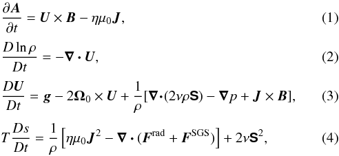 \begin{eqnarray} &&\frac{\pd {\bm A}}{\pd t} = {\bm U} \times {\bm B} - \eta \mu_0 {\bm J},\\[1mm] &&\frac{D \ln \rho}{Dt} = - \bm\nabla\bm\cdot{\bm U}, \\[1mm] &&\frac{D {\bm U}}{Dt} = {\bm g} - 2\bm\Omega_0\times \bm U + \frac{1}{\rho} [\bm\nabla\!\bm\cdot\!(2\nu\rho \bm{\mathsf{S}}) - \bm\nabla p + {\bm J} \times {\bm B}], \\[1mm] &&T \frac{Ds}{Dt} = \frac{1}{\rho} \left[\eta \mu_0 {\bm J}^2-\bm\nabla\bm\cdot({\bm F}^{\rm rad}+{\bm F}^{\rm SGS})\right]+2\nu \bm{\mathsf{S}}^2, \label{equ:1} \end{eqnarray}