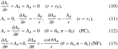 \begin{eqnarray} &&\frac{\pd A_r}{\pd r}= A_\theta=A_\phi =0 \,\quad (r=r_0),\\ &&A_r=0, \;\; \frac{\pd A_{\theta}}{\pd r}=-\frac{A_{\theta}}{r},\;\; \frac{\pd A_{\phi}}{\pd r}=-\frac{A_{\phi}}{r} \quad (r=r_1),\quad\\ &&A_r=\frac{\pd A_\theta}{\pd\theta}=A_\phi=0 \quad (\theta=\theta_0,\pi-\theta_0) \quad \mbox{(PC)},\\ &&\frac{\pd A_r}{\pd\theta}\!=\!A_\theta\!=\!0, \frac{\pd A_\phi}{\pd\theta}\!=\!-\frac{\cot\theta A_\phi}{r}\ (\theta=\theta_0,\pi-\theta_0) \ \mbox{(NF)}. \end{eqnarray}