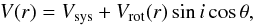 \begin{equation} \label{eq:velocity_short} V(r)= V_{\rm sys}+V_{\rm rot}(r) \sin i \cos \theta , \end{equation}