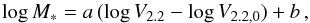 \begin{equation} \label{eq:smTF} {\log M_\ast}= a \,({ \log V_{2.2}-\log V_{2.2, 0}}) + b \, , \end{equation}