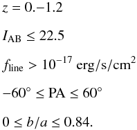 \begin{eqnarray*} &&z = 0. {-} 1.2 \\[6pt] &&I_{\rm AB} \leq 22.5\\[6pt] &&f_{\rm line} >10^{-17}~\rm erg/s/cm^2\\[6pt] &&\rm -60^{\circ} \leq PA \leq 60^{\circ} \\[6pt] &&0 \leq b/a \leq 0.84. \end{eqnarray*}