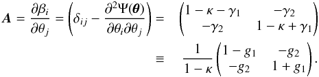 \begin{eqnarray} \vec{A} = \frac{\partial \beta_i}{\partial \theta_j} = \left( \delta_{ij} - \frac{\partial^2 \Psi(\pmb{\theta})}{\partial \theta_i \partial \theta_j} \right) =& \begin{pmatrix} 1-\kappa-\gamma_1 & -\gamma_2 \\ -\gamma_2 & 1-\kappa+\gamma_1 \end{pmatrix} \nonumber \\ \equiv & \dfrac{1}{1-\kappa} \begin{pmatrix} 1-g_1 & -g_2 \\ -g_2 & 1+g_1 \end{pmatrix} . \end{eqnarray}