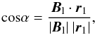 \begin{equation} \text{cos}\alpha = \frac{{\vec{B}_{\rm l}}\cdot{\vec{r}_1}}{|{\vec{B}_{\rm l}}|~|{\vec{r}_1}|} \label{cos} , \end{equation}