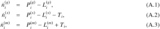 \appendix \setcounter{section}{1} \begin{eqnarray} \req{\dot{n}}{i}{g} &=& \req{P}{i}{g} - \req{L}{i}{g}, \\ \label{eq:3ph1} \req{\dot{n}}{i}{s} &=& \req{P}{i}{s} - \req{L}{i}{s} - T_i, \\ \req{\dot{n}}{i}{m} &=& \req{P}{i}{m} - \req{L}{i}{m} + T_i, \label{eq:3ph3} \end{eqnarray}
