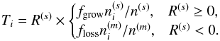 \appendix \setcounter{section}{1} \begin{eqnarray} T_i = R^{(s)} \times \begin{cases} f_{\rm grow}\req{n}{i}{s}/\sumreq{n}{s} , \,\,\,\,\, R^{(s)} \geq 0, \\ f_{\rm loss}\req{n}{i}{m}/\sumreq{n}{m} , \,\,\,\,\, R^{(s)} < 0. \end{cases} \end{eqnarray}