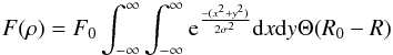 \appendix \setcounter{section}{1} \begin{equation} \label{eq:1} F(\rho) = F_0 \int_{-\infty}^{\infty} \int_{-\infty}^{\infty} {\rm e}^{\frac{-(x^2+y^2)}{2 \sigma^2}}\mathrm{d}x \mathrm{d}y \Theta (R_0-R) \end{equation}