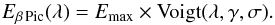 \begin{equation} \label{eq:F} {E}_{\beta \mathrm{\,Pic}}(\lambda) = E_{\mathrm{max}}\times\mathrm{Voigt}(\lambda,\gamma,\sigma). \end{equation}
