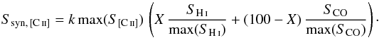\appendix \setcounter{section}{1} \begin{equation} S_{\mathrm{syn},\,\mathrm{[\ion{C}{ii}]}} = k \, \mathrm{max}(S_{[\ion{C}{ii}]})\,\left( X\, \frac{S_{\mathrm{\ion{H}{i}}}}{\mathrm{max}(S_{\mathrm{\ion{H}{i}}})} + (100 - X) \, \frac{S_{\mathrm{CO}}}{\mathrm{max}(S_{\mathrm{CO}})} \right) \cdot \label{eq:channeldecomp} \end{equation}
