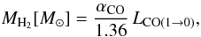 \begin{eqnarray} \begin{split} {M}_{\mathrm{H}_2}[{M}_{\odot}] &= \frac{\alpha_{\mathrm{CO}}}{1.36}\,L_{\mathrm{CO(1\rightarrow0)}},\\ \end{split} \label{eq:H2mass} \end{eqnarray}