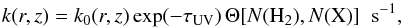 \appendix \setcounter{section}{1} \begin{equation} \label{eq:pd_rate} k(r,z) = k_0(r,z) \, \mathrm{exp}(-\tau_{\mathrm{UV}}) \, \Theta[N(\mathrm{H}_2),N(\mathrm{X})] \hspace{0.2cm} \mathrm{s}^{-1}, \end{equation}