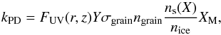 \appendix \setcounter{section}{1} \begin{equation} \label{eq:photodesorption} k_\mathrm{PD} = F_\mathrm{UV}(r,z) Y \sigma_{\rm{grain}}n_\mathrm{grain} \frac{n_\mathrm{s}({X})}{n_\mathrm{ice}} X_\mathrm{M}, \end{equation}