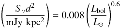 \begin{equation} \left(\frac{S_\nu d^2}{\rm mJy\,\,kpc^2}\right) = 0.008 \left( {\frac{L_{\rm bol}}{L_\odot}}\right)^{0.6} \end{equation}