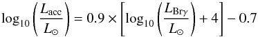 \begin{equation} \log_{10} \left(\frac{{L_{\rm acc}}}{{L_\odot}}\right) = 0.9\times\left[\log_{10}\left(\frac{{L_{\rm Br\gamma}}}{{L_\odot}}\right) + 4\right] - 0.7 \end{equation}