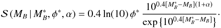 \begin{equation} \mathcal{S}\,(M_B\,|\,M_{B}^{*},\phi^{*},\alpha) = 0.4\ln(10)\,\phi^{*}\,\frac{10^{0.4[M^{*}_{B} - M_B](1+\alpha)}}{\exp\big\{10^{0.4[M^{*}_{B} - M_B]}\big\}}\cdot \end{equation}