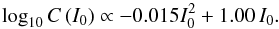 \begin{equation} \log_{10} C\,(I_0) \propto -0.015 I_0^2 + 1.00\,I_0. \end{equation}