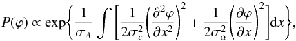 \begin{equation} P(\varphi)\propto \exp\!\Bigg\{\frac{1}{\sigma_A}\int \Bigg[\frac{1}{2\sigma_c^2} \Bigg(\frac{\partial^2 \varphi}{\partial x^2}\Bigg)^2+\frac{1}{2\sigma_\alpha^2} \Bigg(\frac{\partial \varphi}{\partial x}\Bigg)^2\Bigg] {\rm d}x \Bigg\}, \end{equation}