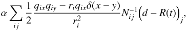 \appendix \setcounter{section}{2} \begin{equation} \alpha\sum_{ij} \frac{1}{2}\frac{q_{ix}q_{iy}-r_{i}q_{ix}\delta(x-y)}{r_{i}^2} N^{-1}_{ij}\Big(d-R(t)\Big)_j, \label{missed-term} \end{equation}