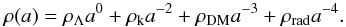 \begin{equation} \rho(a)=\rho_{\Lambda}a^{0}+\rho_\mathrm{k}a^{-2}+\rho_\mathrm{DM}a^{-3}+\rho_\mathrm{rad}a^{-4}. \end{equation}