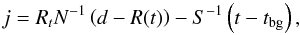 \begin{equation} j = R_t N^{-1} \left(d-R(t)\right) - S^{-1}\left(t-t_\mathrm{bg}\right), \end{equation}