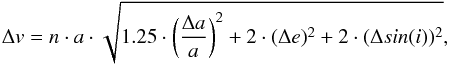 \begin{equation} \Delta v = n \cdot a \cdot \sqrt{1.25 \cdot \bigg{(}\frac{\Delta a}{a}\bigg{)}^2+2 \cdot (\Delta e)^2 + 2 \cdot (\Delta sin (i))^2}, \end{equation}