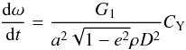 \begin{equation} \frac{{\rm d}\omega}{{\rm d}t}=\frac{G_1}{a^2 \sqrt{1-e^2} \rho D^2}C_{\rm Y} \end{equation}