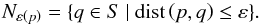 \begin{equation} N_{\varepsilon\left(p\right)} = \{q \in S\ |\ {\rm dist}\left(p,q\right)\leq \varepsilon \}. \end{equation}