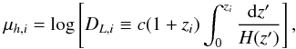 \begin{equation} \label{mod1} \mu_{h,i} = \log \left [D_{L,i}\equiv c(1+z_i)\int_0^{z_i} \frac{{\rm d}z'}{H(z')} \right] , \end{equation}