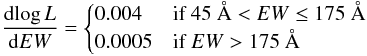 $$ \frac{{\rm d}\!\log L}{{\rm d}EW}= \begin{cases} \rm 0.004 & \text{if $ 45~\AA<EW\le175$~\AA} \\ 0.0005 & \text{if $EW> 175$~\AA} \end{cases} $$
