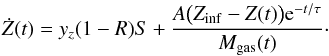 \begin{equation} \dot{Z}(t) =y_z(1-R)S + \frac{A\big(Z_\mathrm{inf}-Z(t)\big){\rm e}^{-t/\tau}}{M_\mathrm{gas}(t)}\cdot \label{ets} \end{equation}