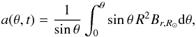 \appendix \setcounter{section}{1} \begin{eqnarray} \frac{\partial a}{\partial t}&=& -\frac{FH\rsun/80}{\tau\sin\theta} \left[\delta(B_\phi)B_\phi\cos\theta + \int_0^\theta \frac{\partial \delta}{\partial \theta} B_\phi \cos\theta\, \mathrm{d}\theta \right] \nonumber \\ && \quad+\frac{1}{T_D} \frac{\partial}{\partial \theta} \left(\frac{1}{\sin\theta}\frac{\partial (a\sin\theta)} {\partial\theta} \right) \cdot \label{eq:aa} \end{eqnarray}