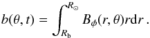 \begin{equation} b(\theta,t) = \int_{\RB}^{R_{\odot}}B_{\phi}(r,\theta) r \mathrm{d}r\,. \label{eq:bdef} \end{equation}